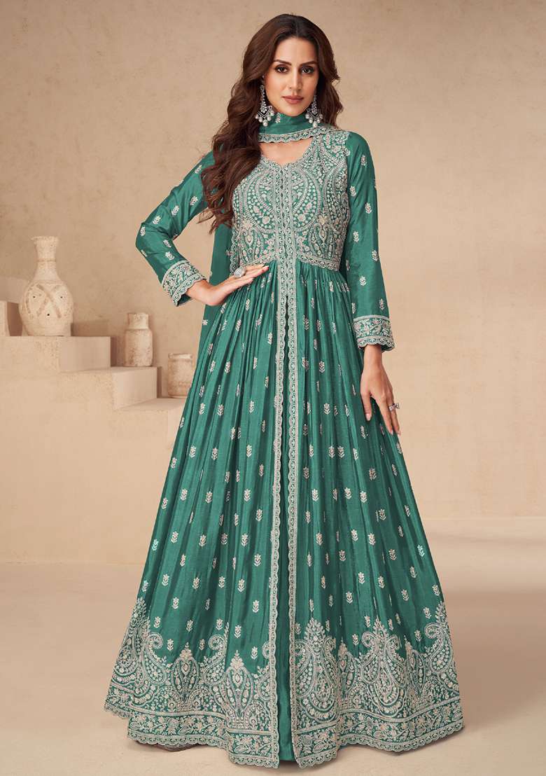 Green Embroidered Chinon Anarkali Set - Indya