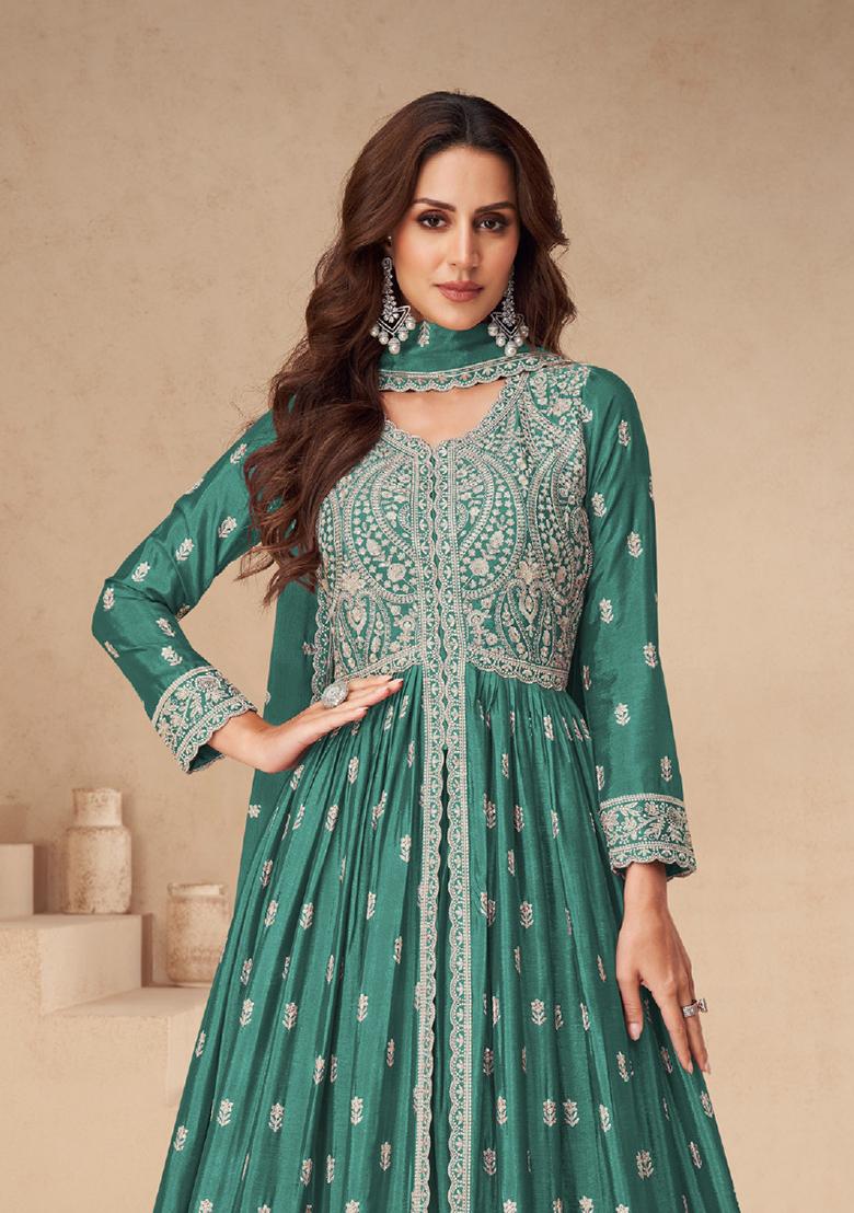 Green Embroidered Chinnon Anarkali Set With Dupatta
