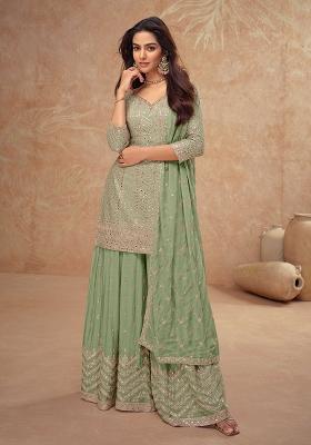 Green Embroidered Chinnon Palazzo Set With Dupatta