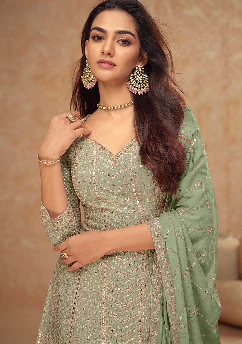 Green Embroidered Chinnon Palazzo Set With Dupatta