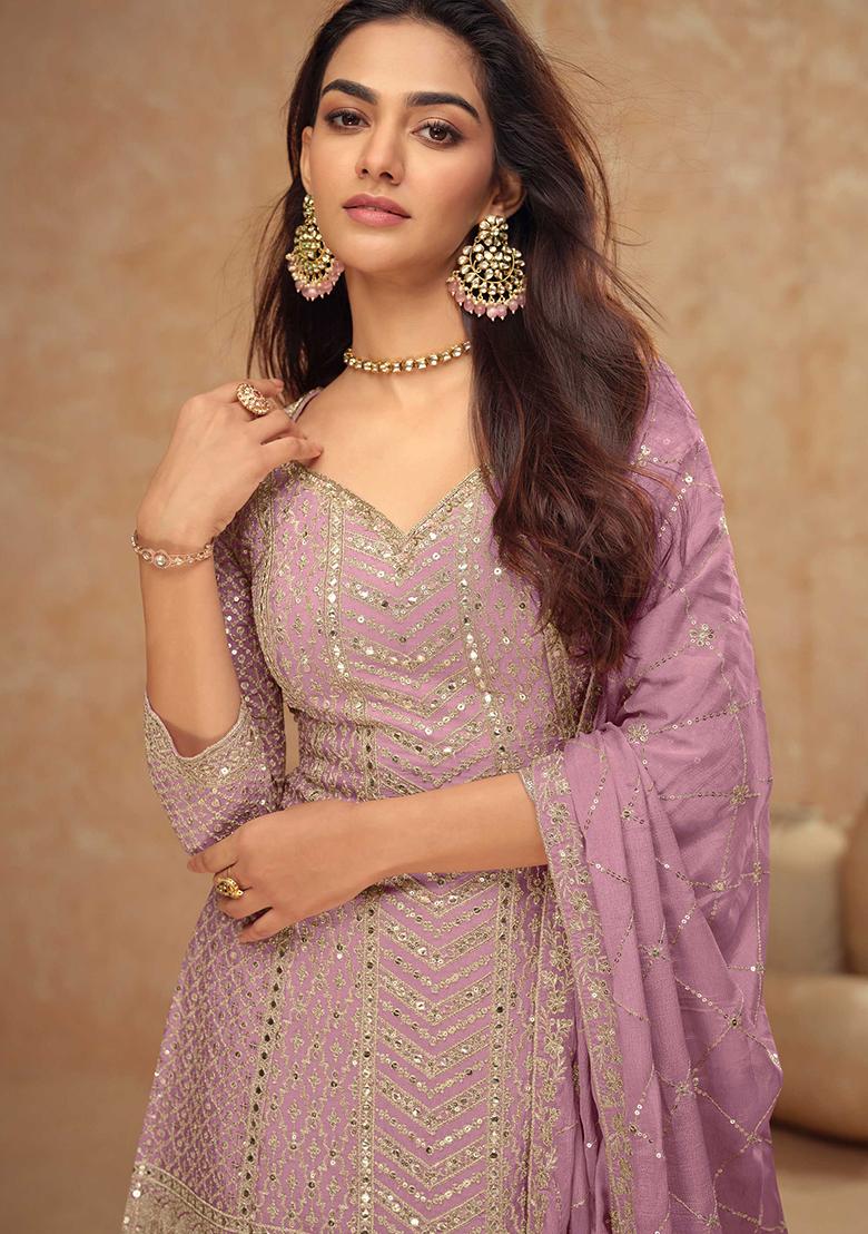 Lilac Embroidered Chinnon Palazzo Set With Dupatta
