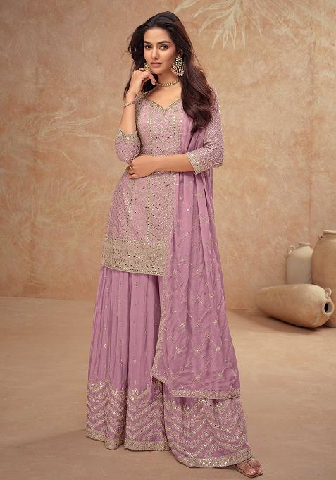 Lilac Embroidered Chinnon Palazzo Set With Dupatta