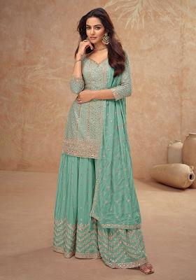Turquoise Blue Embroidered Chinnon Palazzo Set With Dupatta