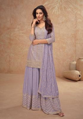 Lavender Embroidered Chinnon Palazzo Set With Dupatta