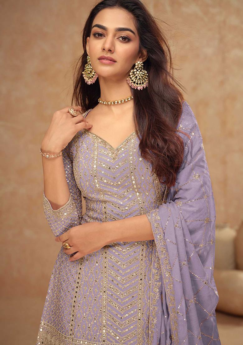 Lavender Embroidered Chinnon Palazzo Set With Dupatta