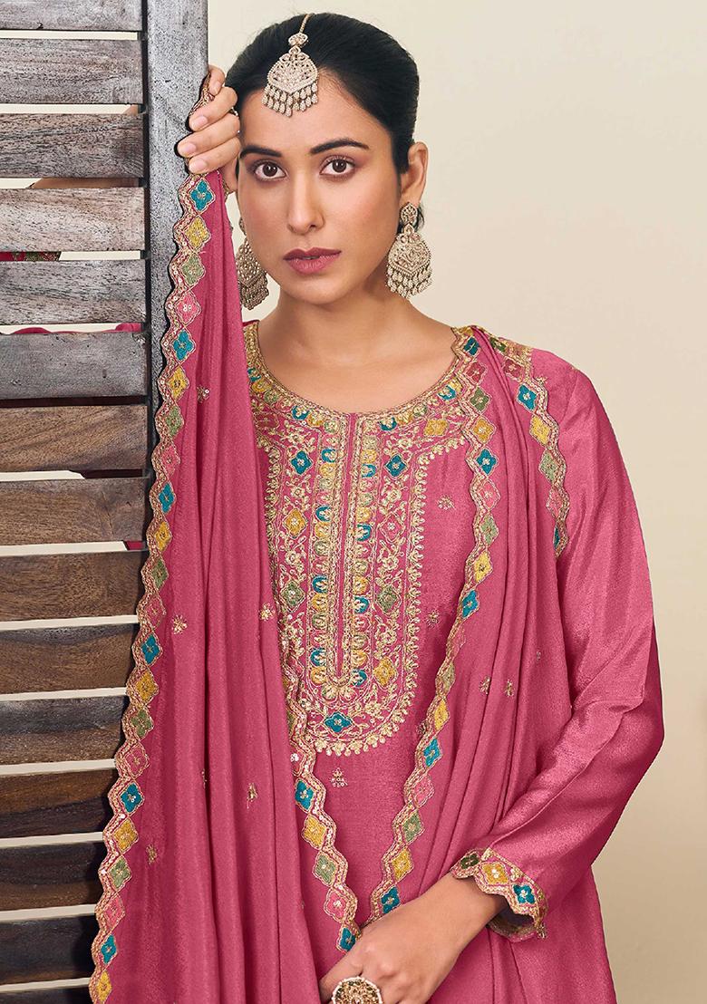 Pink Embroidered Chinnon Lehenga Set With Dupatta