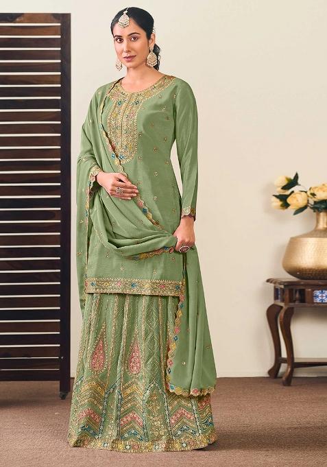 Green Embroidered Chinnon Lehenga Set With Dupatta
