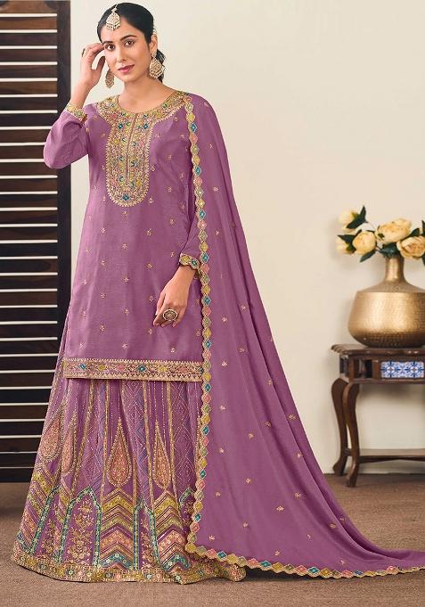Lilac Embroidered Chinnon Lehenga Set With Dupatta