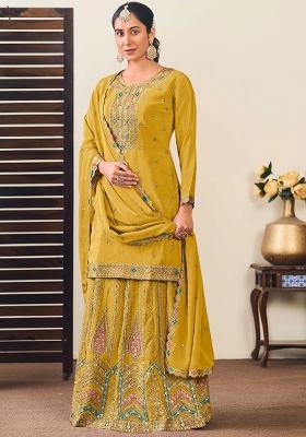 Mustard Yellow Embroidered Chinnon Lehenga Set With Dupatta