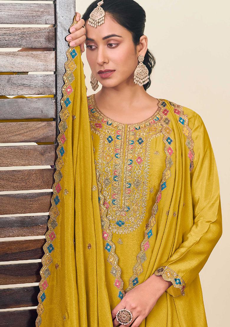 Mustard Yellow Embroidered Chinnon Lehenga Set With Dupatta