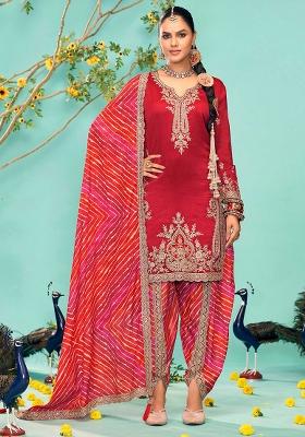 Red Embroidered Chinnon Salwar Kameez With Dupatta