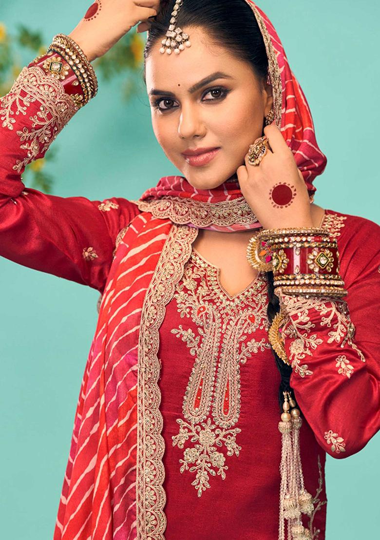Red Embroidered Chinnon Salwar Kameez With Dupatta