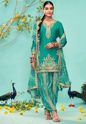 Turquoise Blue Embroidered Chinnon Salwar Kameez With Dupatta