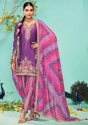 Purple Embroidered Chinnon Salwar Kameez With Dupatta
