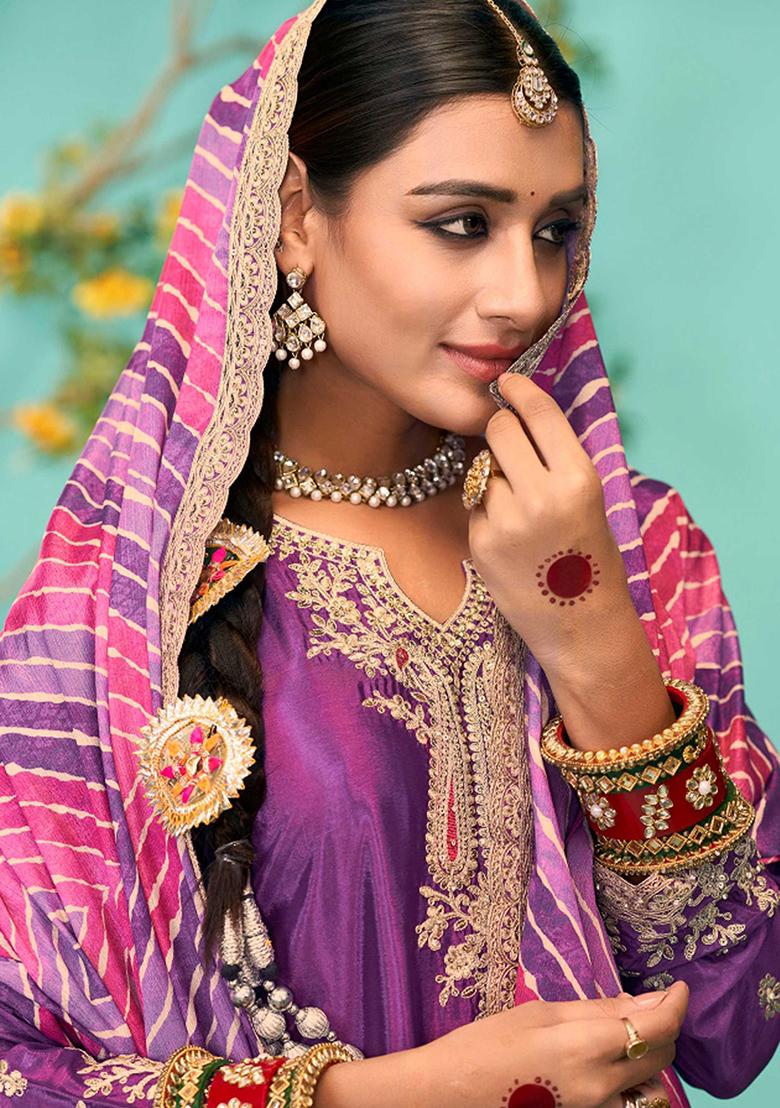 Purple Embroidered Chinnon Salwar Kameez With Dupatta