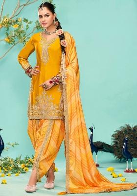 Mustard Yellow Embroidered Chinnon Salwar Kameez With Dupatta
