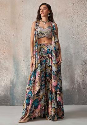 Blue Embroidered Chinnon Palazzo Set