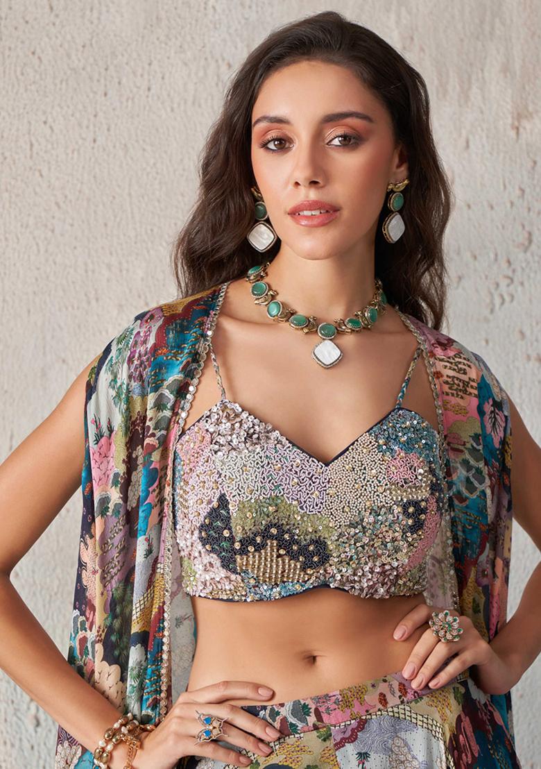 Blue Embroidered Chinnon Palazzo Set