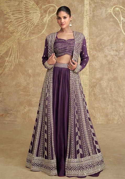 Purple Embroidered Chinnon Lehenga Set With Dupatta