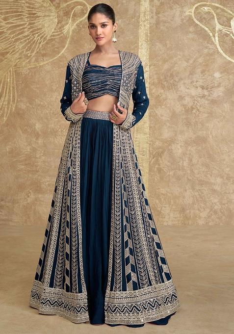 Blue Embroidered Chinnon Lehenga Set With Dupatta