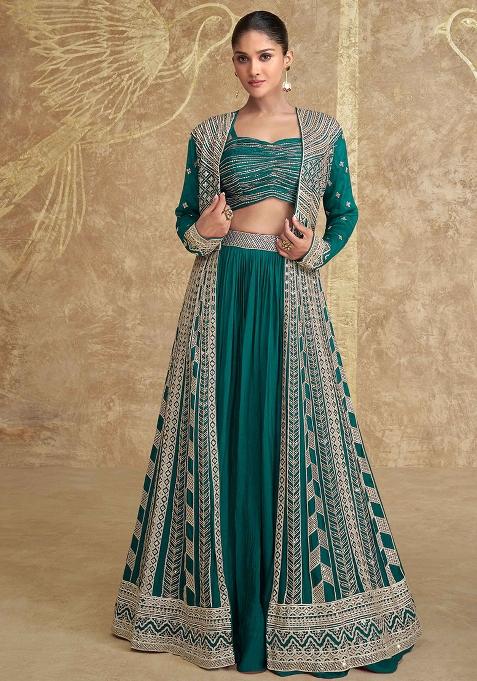 Teal Green Embroidered Chinnon Lehenga Set With Dupatta