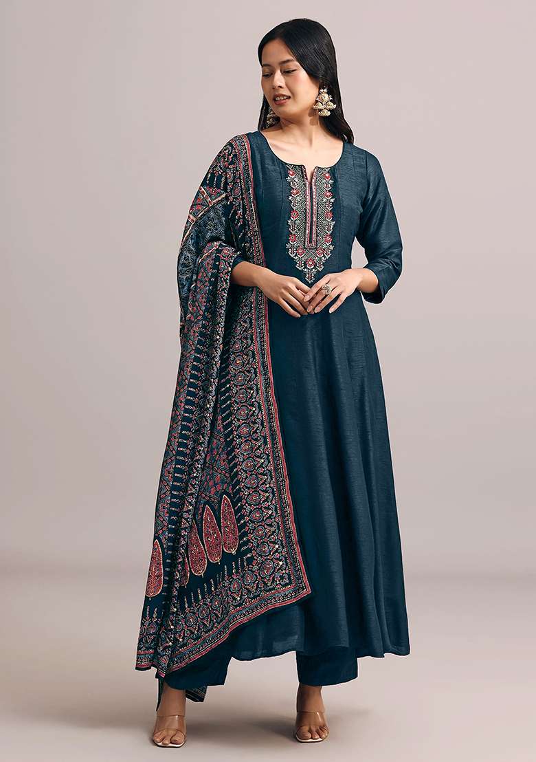 Morpeach Blue Embroidered Art Silk Anarkali With Dupatta With Dupatta - Indya