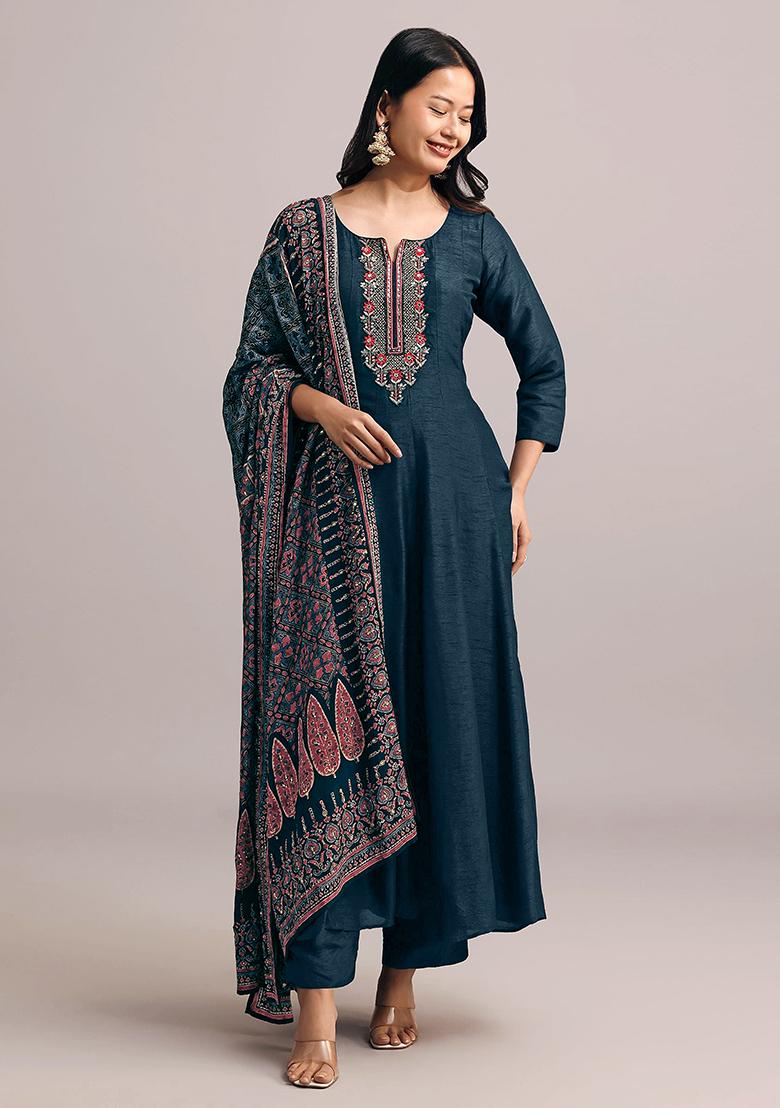 Morpeach Blue Embroidered Art Silk Anarkali Set With Dupatta
