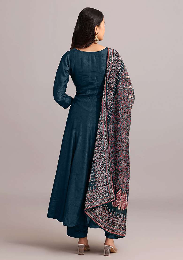 Morpeach Blue Embroidered Art Silk Anarkali With Dupatta With Dupatta - Indya
