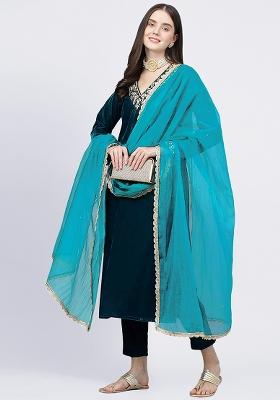 Morpeach Blue Embroidered Velvet Salwar Kameez With Dupatta