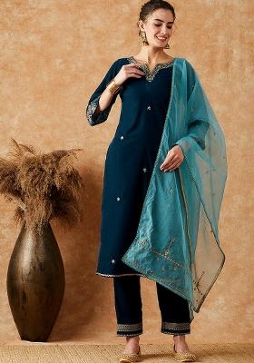 Morpeach Blue Embroidered Velvet Salwar Kameez With Dupatta