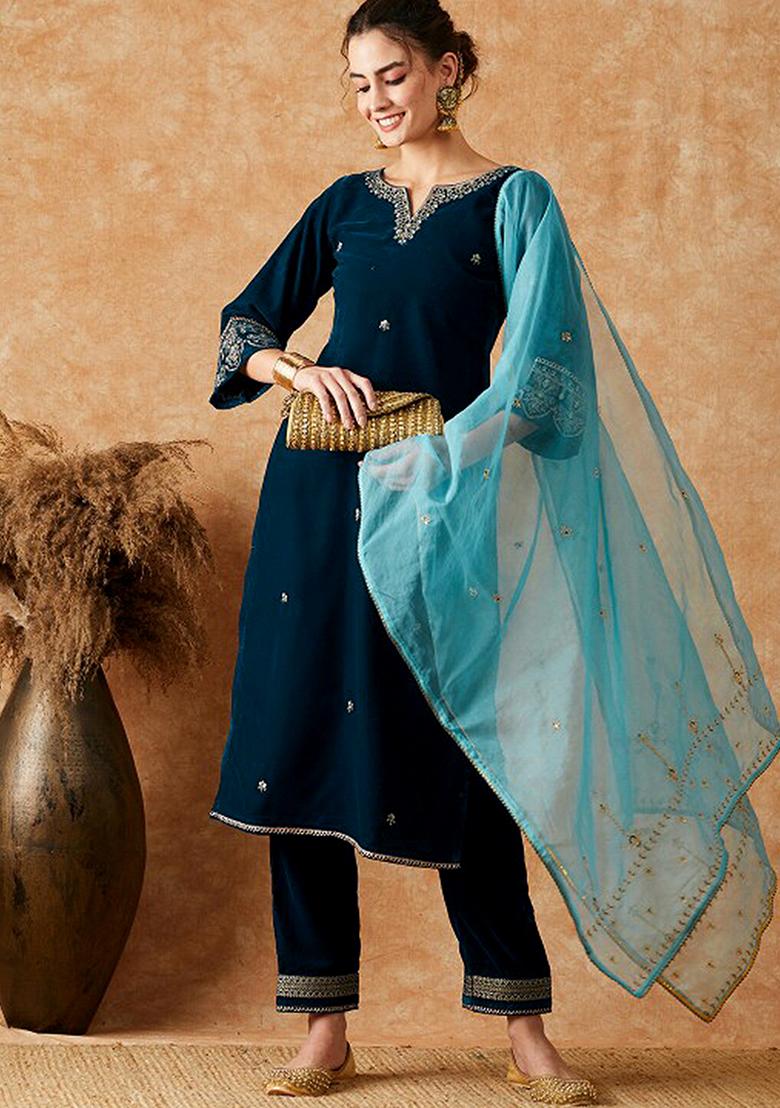 Morpeach Blue Embroidered Velvet Salwar Kameez With Dupatta