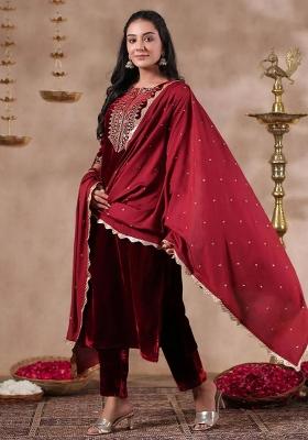 Maroon Embroidered Velvet Salwar Kameez With Dupatta