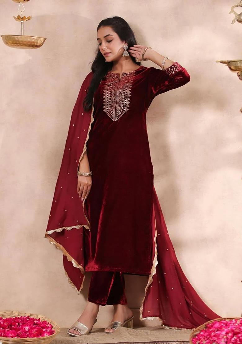 Maroon Embroidered Velvet Salwar Kameez With Dupatta