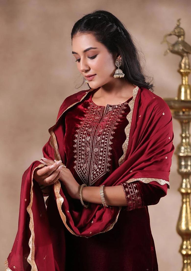 Maroon Embroidered Velvet Salwar Kameez With Dupatta