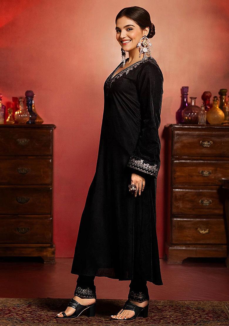 Black Embroidered Velvet Salwar Kameez With Dupatta