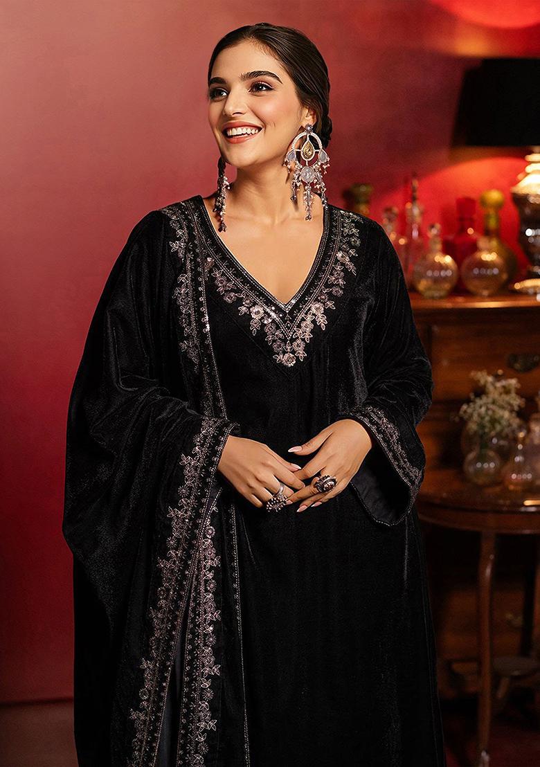 Black Embroidered Velvet Salwar Kameez With Dupatta