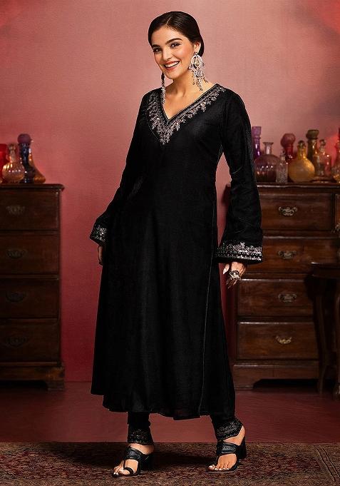 Black Embroidered Velvet Salwar Kameez With Dupatta