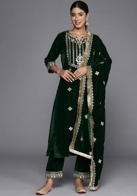 Green Embroidered Velvet Salwar Kameez With Dupatta