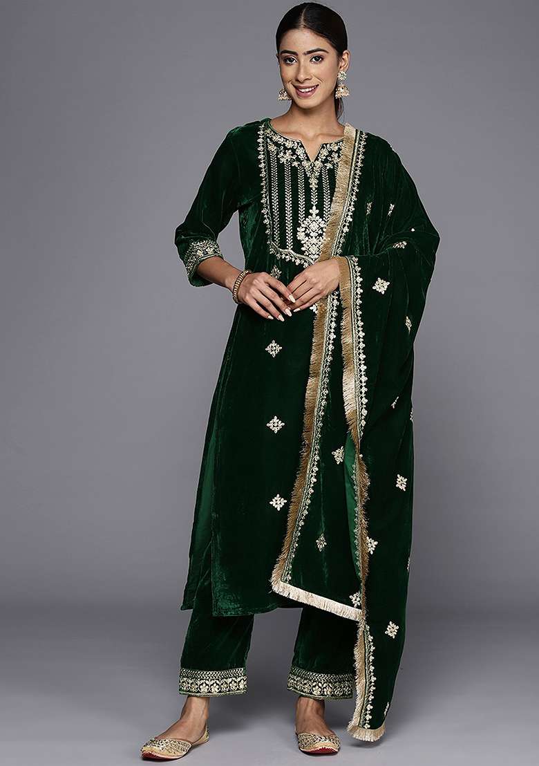 Green Embroidered Velvet Salwar Kameez With Dupatta - Indya