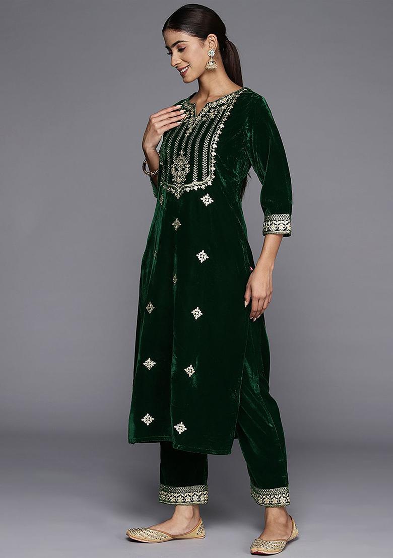 Green Embroidered Velvet Salwar Kameez With Dupatta