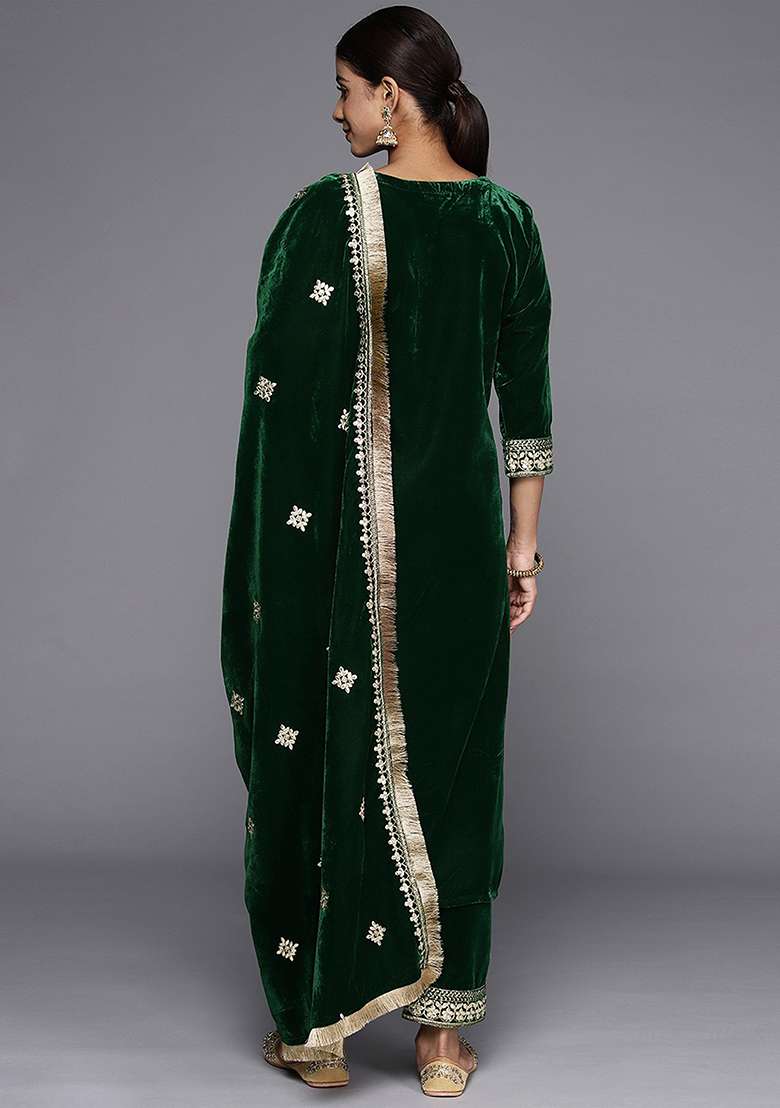 Green Embroidered Velvet Salwar Kameez With Dupatta - Indya