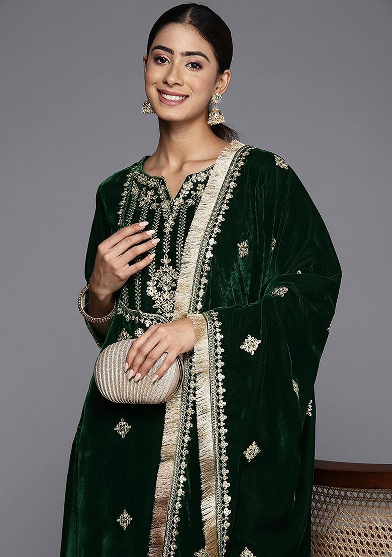 Green Embroidered Velvet Salwar Kameez With Dupatta