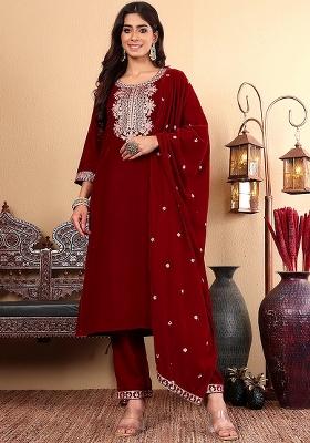 Maroon Embroidered Velvet Salwar Kameez With Dupatta