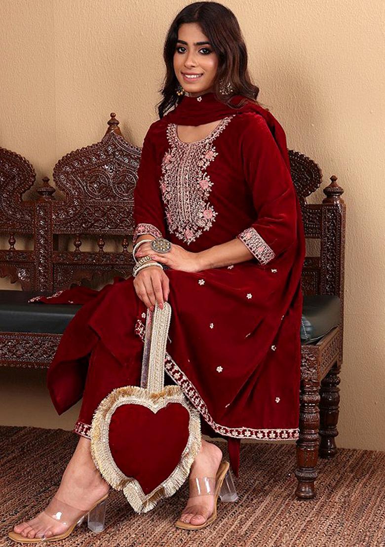 Maroon Embroidered Velvet Salwar Kameez With Dupatta