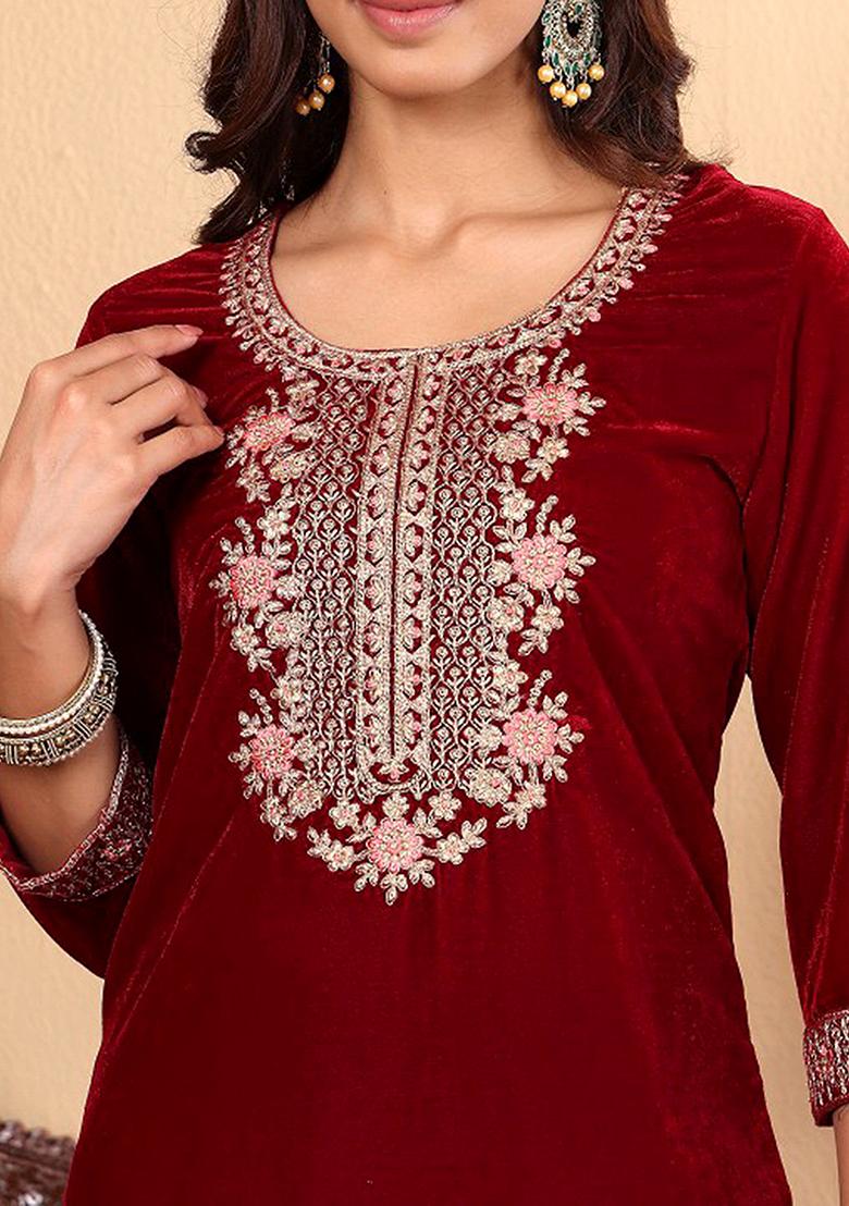 Maroon Embroidered Velvet Salwar Kameez With Dupatta