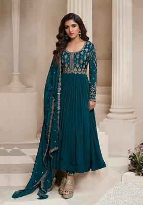 Teal Blue Embroidered Silk Anarkali Set With Dupatta