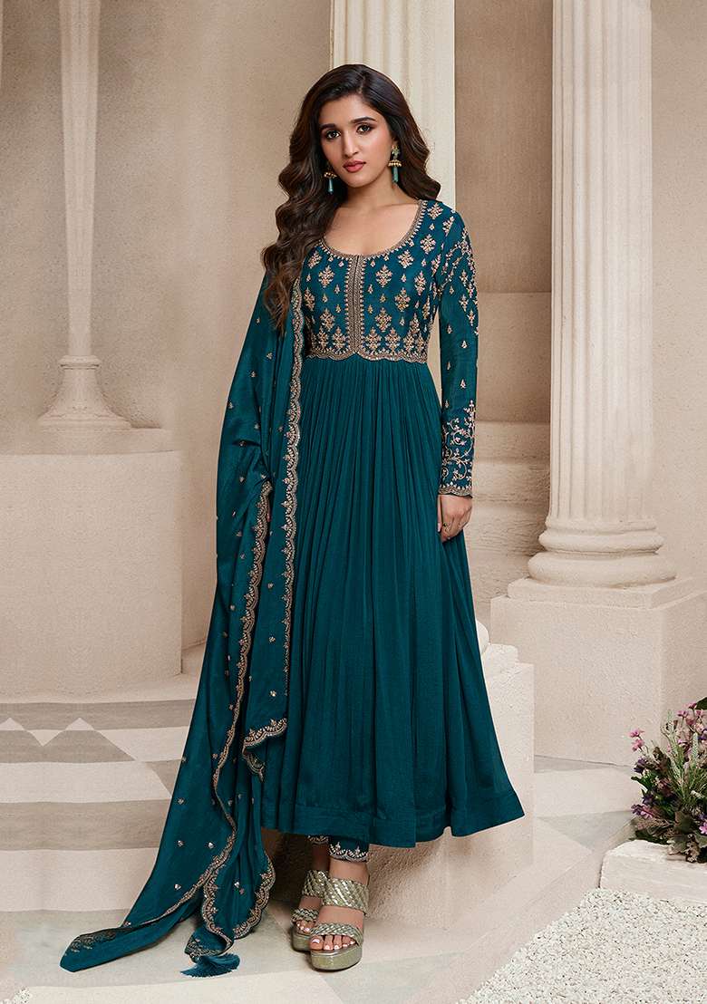 Teal Blue Embroidered Silk Anarkali With Dupatta With Dupatta - Indya
