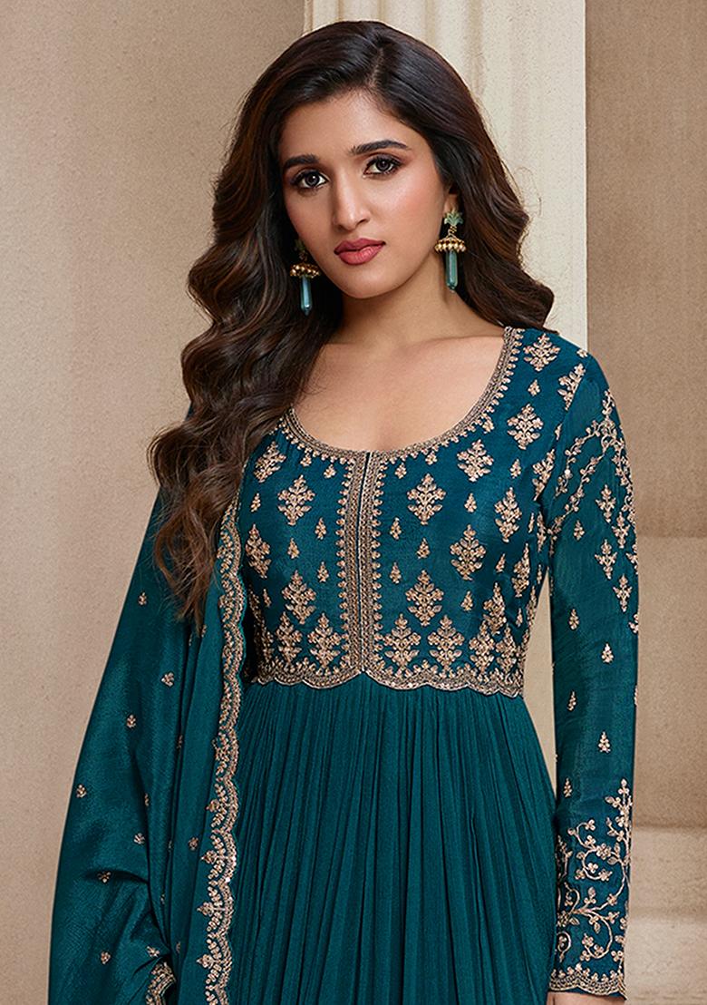 Teal Blue Embroidered Silk Anarkali Set With Dupatta