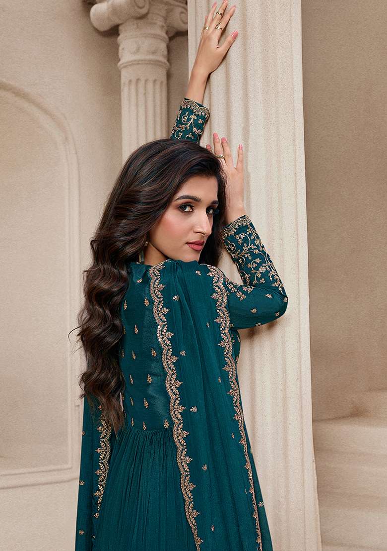 Teal Blue Embroidered Silk Anarkali With Dupatta With Dupatta - Indya