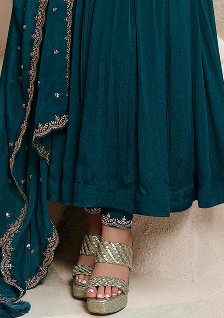 Teal Blue Embroidered Silk Anarkali Set With Dupatta